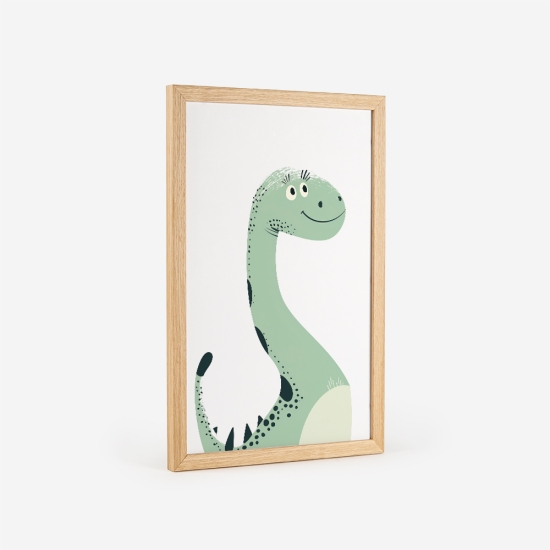 Poster infantil com um dinossauro verde sorridente, perfeito para decoração de quartos de bebé e crianças. 3